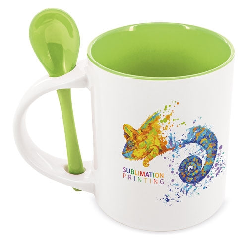 Mug Sublimacion Redonda Con Cuchara Verde